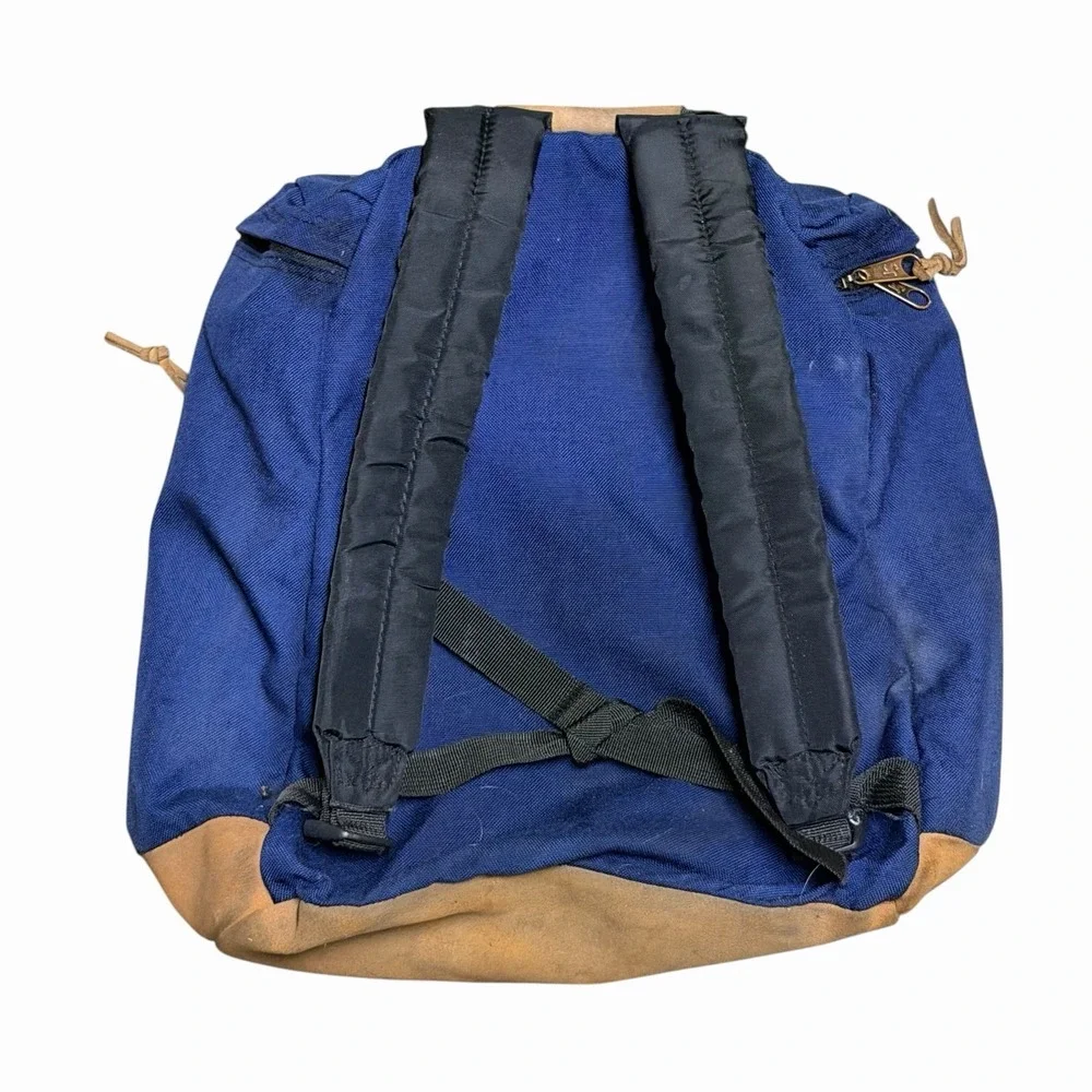 Vintage 90s JanSport Navy Blue & Brown Leather Bottom Backpack Made in the USA